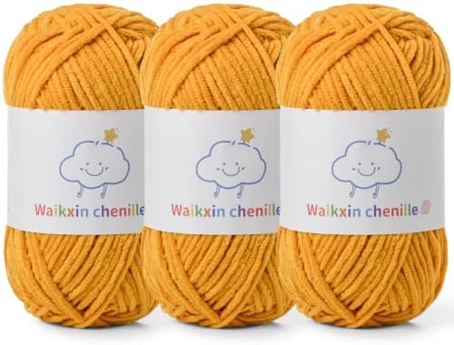 Skinny Chenille Yarn for Crocheting, 3 Pack of 1.75 oz/109 yds Amigurumi Yarn&Baby Yarn for Crocheting Soft, Fluffy Fingering Weight Velvet Yarn for DIY Crafts&Baby Blankets.(3 Turmeric)