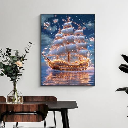 Yezavesu Pirate Ship Diamond Art Kits for Adults Beginners 12x16 Inch | Pirate Ship Diamond Painting, DIY 5D Full Round Drill Gem Art, Stress Relief Craft Kits, Home Wall Decor Gift