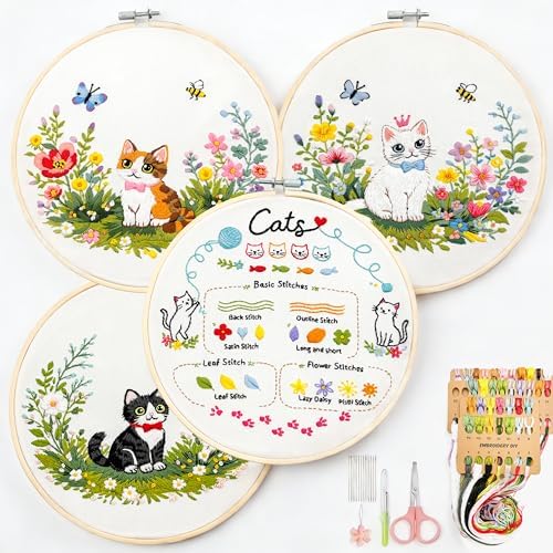 Peonfly Cat Embroidery Kit for Beginners, 4 Pack Stamped Embroidery Starter Kit with 4 Hoops, 9 Stitch Types Practice Sampler, Animal Floral Wall Hanging Décor (Value Pack)