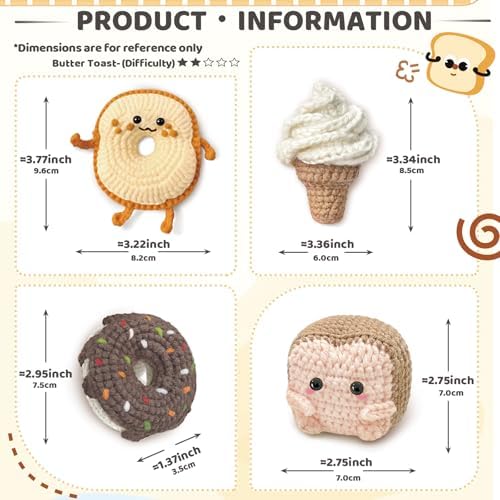 YAMAXIN Crochet Kit for Beginners, Beginner Crochet Kits with Step-by-Step Video Tutorials, Crochet Starter Kit for Adults with Yarn Sets (4pc Butter Toast, Bread, Doughnuts, ice Cream)