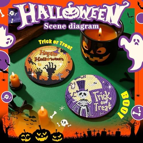 Leatrice 6 PCS Halloween Diamond Art Coasters Kits 4 in Trick or Treat