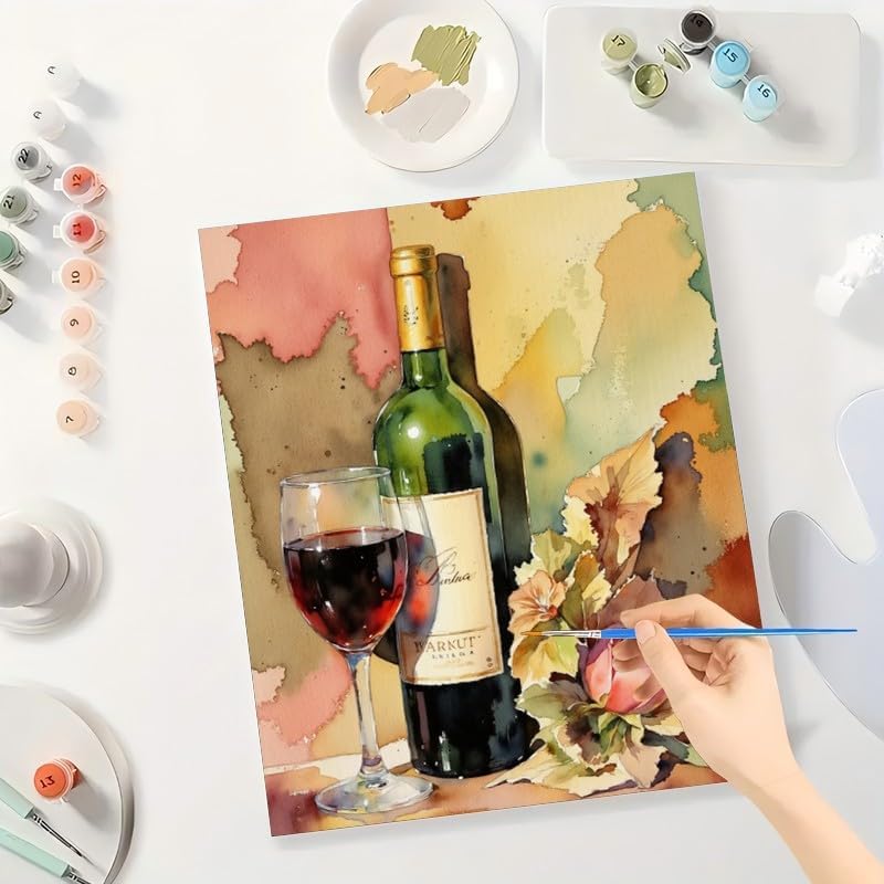 Wine and Flower Art Paint by Numbers Kit for Adults - DIY Wine Bottle and Colorful Glass Painting on Canvas 12x16In, Framed Acrylic Paint Set, Suitable for Beginners, Art for Home Decoration/Gift