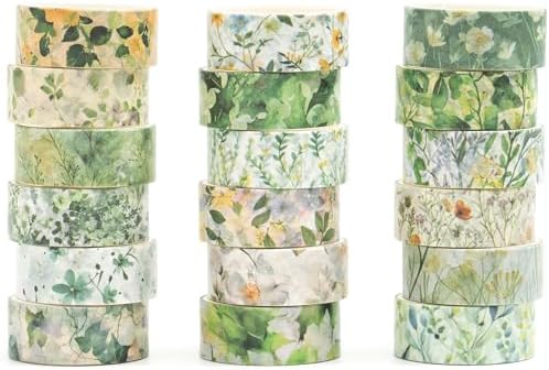 18 Rolls Blossom Washi Tape Set Floral Arts Adhesive Tapes Flowers Garden Decorative Masking Tape Sets for Craft, Kids, Scrapbook, DIY, Gift Wrapping (Emerald Vines)