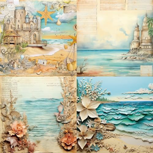 6x6 Scrapbook Paper Pad - Beach House Ocean Seashell 160gsm Cardstock, 24 Pcs Nautical Lighthouse Decorative Paper for Summer Travel Journal Supplies