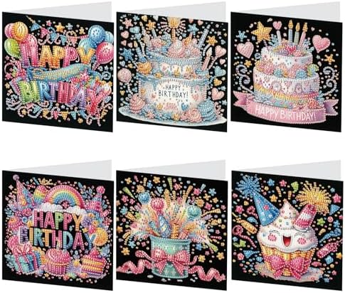 antor 6 Pcs 5D Diamond Painting Greeting Card Kits, Laser Effect Diamond Art Birthday Cards Special Shaped Diamond Art Postcards Crafts for Birthday Holiday (30x15cm)