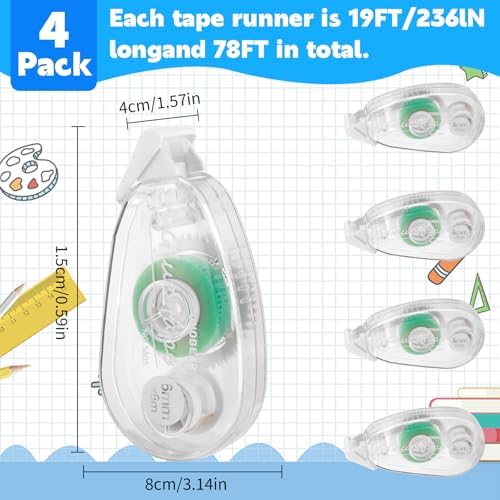 4 Pack Double Sided Tape Roller, Scrapbook Supplies, Glue Tape Roller for Crafts, Double-Sided Adhesive Tape Runner for Scrapbooking, School Office Journaling Supplies (5805-3（transparent）, 4 Pack)