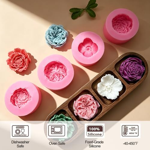 4 Pcs Flower Silicone Molds, Flower Candle Molds for Candle Making,3D Floral Silicone Resin Mold Peony Rose Ranunculus Fondant Mold for Chocolate Cake Decorating Soap Wax Resin Craft
