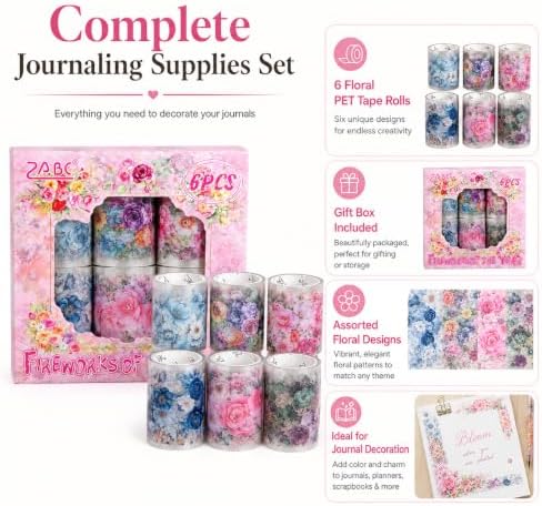 Vintage Floral Wide Washi Tape, 6 PET Rolls for Journaling Crafts | 6 wide PET rolls for journaling supplies, scrapbook supplies, junk journals, card making, DIY crafts and gift wrappin