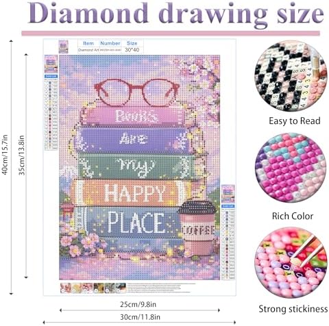 EOPLK Books Diamond Painting Kits for Adults, Books are My Happy Place Diamond Art Kit for Beginners, 5D DIY Full Drill Round Gem Painting by Numbers for Home Wall Decor Gift, 12x16 inch