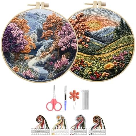 Hzkokon 2 Pack Embroidery Kit for Beginners Adults Cross Stitch Kits Hand Embroidery Kit Includes Stamped Flower Pattern, Hoop, Color Threads,Tools & Follow Instruction