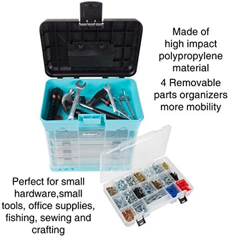 Small Parts Organizer Box - 10-Inch Portable Storage Case with 4 Removable Multi-Compartment Trays for Screws, Beads, Small Fishing Tackle, Hardware, and Craft Supplies by Stalwart (Light Blue)