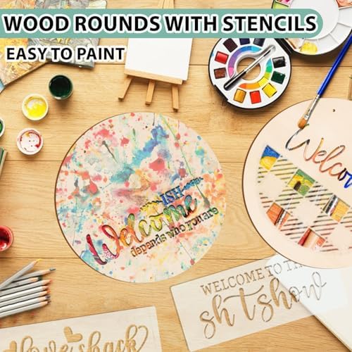 12 Inch Wood Circles for Crafts, 10Pcs Unfinished Wood Rounds with 12Pcs Welcome Stencils & Painting, DIY Wooden Crafts for Door Hanger, Wood Burning, Painting, Gifts for Independence Day Home Decor