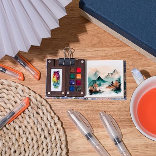 Qilery Mini Portable Watercolor Palette Set Wooden Grid Paint Box Watercolor Paper Sketch Book Brush Pens with Binder Clip for Painters Artist Not Include Paint(Summer Flowers)
