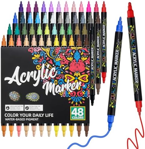 Craiiby 48 Colors Dual Tip Acrylic Paint Pens, Fine Tip & Dot Tip Acrylic Paint Markers, Water-Based Permanent Paint Pens for Rock Painting, Canvas, Glass, Ceramic, Wood, DIY Craft Art Supplies