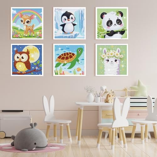 NANZHOO Diamond Art Kits for Kids, 6 Pack 5D Cartoon Diamond Painting Kits for Adults Beginner, Cute Animals DIY Big Gem Art Arts and Crafts for Kid Mosaic Kits for Gift Home Wall Decoration 6X6 inch