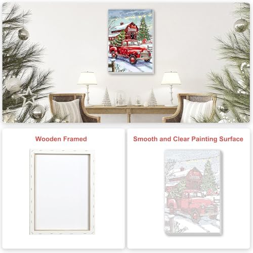 SENQAO Christmas Paint by Numbers for Adults Framed, Red Truck Farmhouse Adults' Paint-by-Number Kits, Adult Paint by Number Kits on Canvas, Acrylic Number Painting for Home Decor, 8x12inch