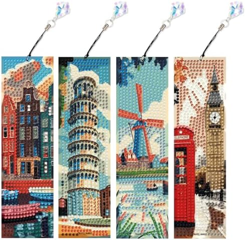 Mandun 4 Pcs National Scenery Diamond Painting Bookmark Kits, Special Shaped Diamond Art Bookmarks with Pendant, DIY National Scenery Diamond Art Bookmarks with Tassels Crafts Gifts Supplies