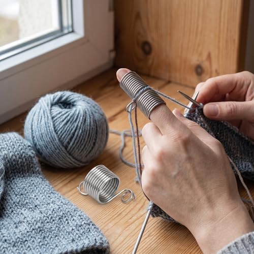 HEEPDD 2Pcs Finger Holder Knitting Thimble, 2Pcs 17mm 19mm Ring Knitting Thread Yarn Stranding Tools Home Gadgets Silver for Crochet Knitting Crafts Accessories Tool