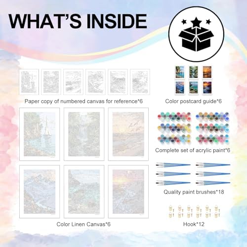 6 Pack Paint by Numbers Kit for Adults Beginner Landscape, 10x14 Inch | Beach DIY Acrylic Painting, Without Frame Canvas, Stress Relief Craft Kits, For Home Wall Decor Gift