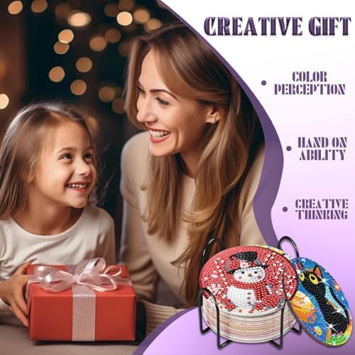 8 Pcs Christmas Diamond Art Painting Coasters Kits,Winter Snowman Coaster with Holder for Adults, Non-Slip DIY Dot Paint Craft Kits,5D Full Drill DIY Diamond Dot Gem Art Kit Home Decor Arts Craft