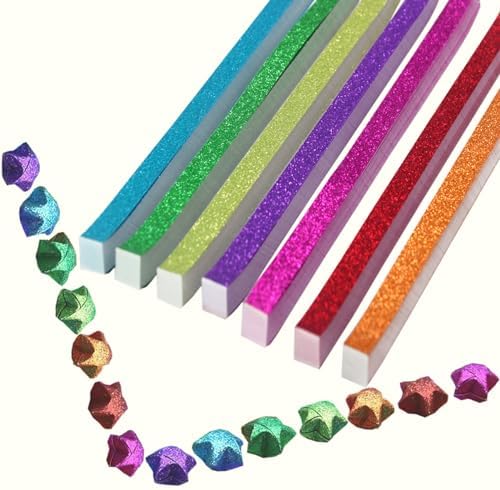 Hvogvok Origami Stars, Glitter Origami, Stars Colorful Origami Strips, DIY Handmade Craft Paper (520 Sheets 7 Colors Glitter Origami Stars)