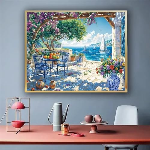 koemhxb Summer Coast Paint by Numbers Kit for Adults Beginners, Seaside Landscape Art Adult Paint by Numbers on Canvas, DIY Acrylic Oil Painting Crafts for Home Decor (16x20inch)