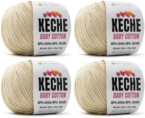 Keche Baby Cotton, 60% Cotton 40% Acrylic Yarn, Soft Cotton Yarn for Crochet and Knitting, Amigurumi Yarn 4 Skeins/Balls [1.76 Oz (50g) / 180 Yrds (165m)] x 4 - Ecru