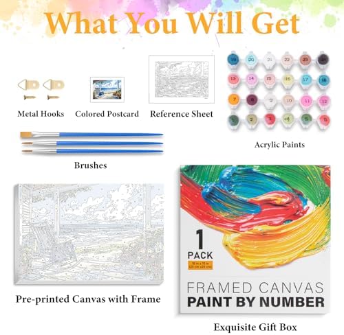 Framed Paint by Numbers Kit for Adults, Coastal Beach House 8x12 Inch