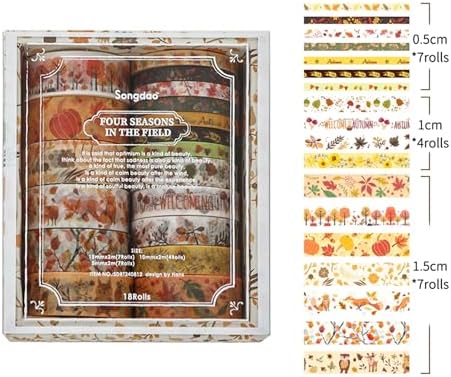 18 Rolls Seasons Flowers Washi Tape Set Floral Arts Adhesive Tapes Blooming Garden Decorative Masking Tape Sets for Craft, Kids, Scrapbook, DIY, Gift Wrapping (Autumn)