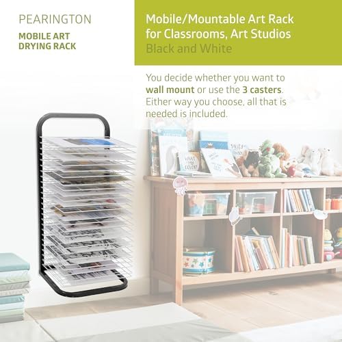Pearington 25-Shelf Mobile/Wall Mountable Art Drying Rack for Art Studios & Classrooms, 13" D x 17.5" W x 39.4" H, Black/White