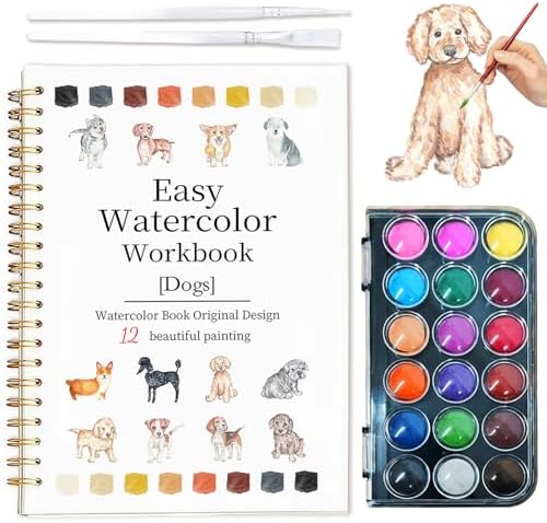 Easy Watercolor Workbook for Beginners - 12 Beautiful Step-by-Step Paintings Water Coloring Book, Includes 18 Colors Paints, Relaxing Art Projects and Creative Gift for Adults & Teen (Dogs)