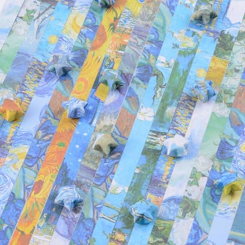 Origami Star Paper Strip, 1200Pcs Double-Sided Printing Lucky Star Paper Strips Van Gogh's Painting Themed Origami for DIY Craft, 12 Patterns