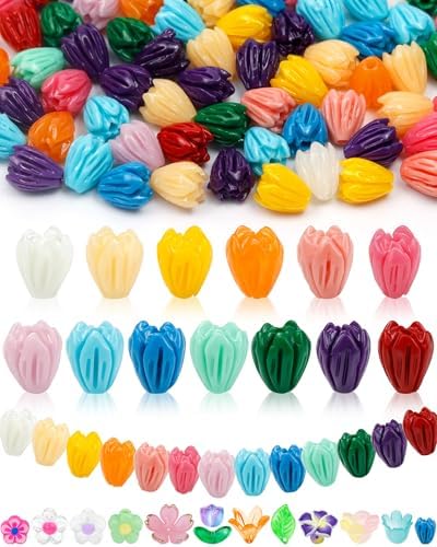 FIVEIZERO Flower Charms, 100PCS Resin Flower Beads, 13 Colors
