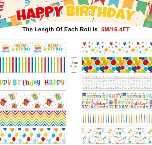 AnyDesign 12 Rolls Happy Birthday Washi Tape Masking Tape Set Colorful Candle Balloon Banner Decorative Wrapping Paper Tapes for Scrapbook Journal DIY Art Crafts