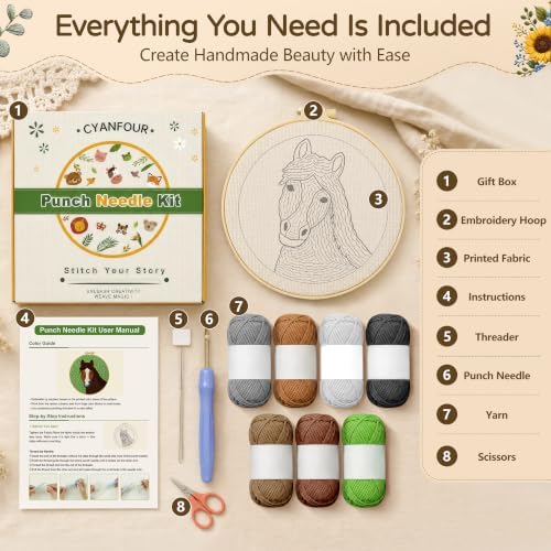 CYANFOUR Punch Needle Kit for Beginners, Horse Punch Needle Kits Adults, Craft Kits for Adults with 2 Pre-Printed Fabrics, Embroidery Hoop, Threads, DIY Gift and Home Decor 20 * 20cm