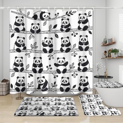 Abstract Kawii Baby Panda Shower Curtain Sets 4 Piece,Cartoon Spring Forest Bamboo Trees Bathroom Decor Sets with Rugs,Cute Animal Panda Bears Waterproof Toilet Lid Cover Bath Mat