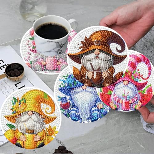 ijbnhd 8 Pack Diamond Art Coasters Kits Gnome (Cork Wooden Pad)