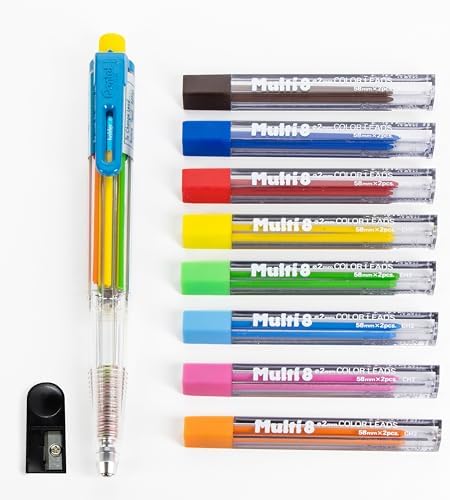 Pentel 8 Color Automatic Pencil Box Set, Assorted Accent Clip Colors, 8 Color Lead Refills and Sharpener (PH158-ST)