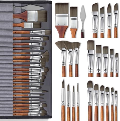 Paint Brush Set, Professional Paintbrushes with Palette Knife and Cloth Roll, Suitable for Beginners, Artists, Gouache, Oil, Face Painting(25pcs)