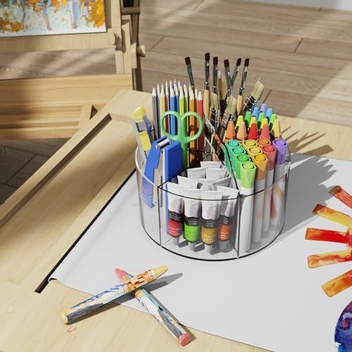 Mefirt Acrylic Pen Holder, 360 Degree Rotating Pen Organizer, Rotating Desk Acrylic Office Organizer with 6 Compartments, Marker Organizer for Kid, Crayon Caddy School Art Supply Storage Organizer