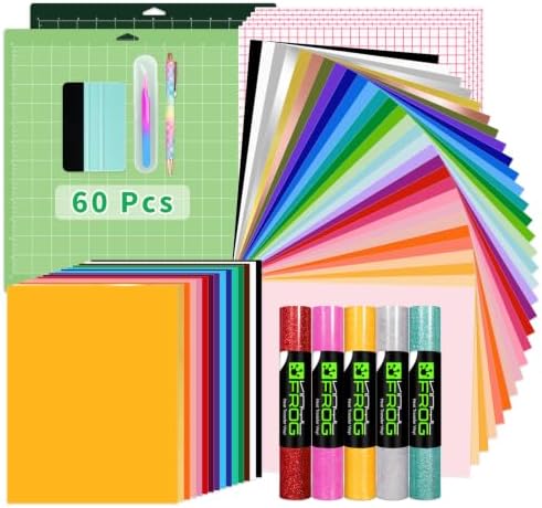 VINYL FROG 60PCS Accessories Bundle for Cricut Maker and All Explore Air, Ultimate Tools with Permanent Adhesive Vinyl, HTV Vinyl, Cutting Mat, Weeding Tools, Scrape