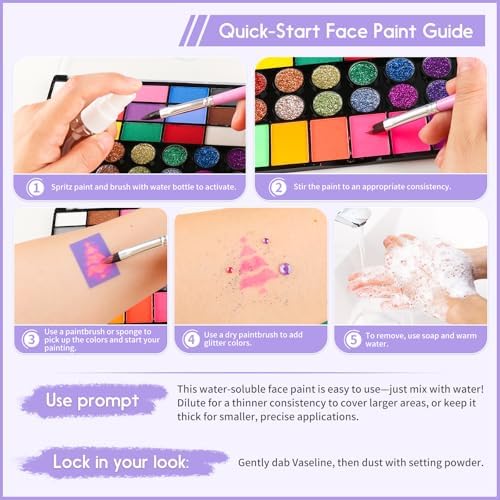 54 Color Face Painting Kit - Non-Toxic Water Based Face and Body Paint Set with Brushes, Stencils, Sponges - For Sensitive Skin, Halloween, Carnival, Birthday Parties, Festivals & Events.