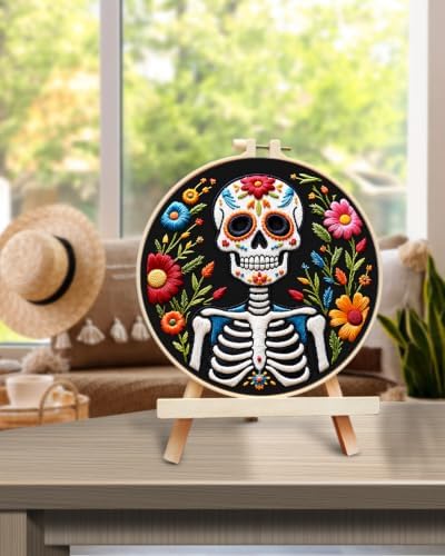 TINDTOP Embroidery Kit for Adult Beginners, Embroidery DIY Starter Kit, with Stamped Patterns, Hoop, Tools, Colorful Threads with Needles, Instructions (Skeleton C)