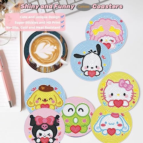 8 PCS Cartoon Diamond Art Coasters Kits, Diamond Painting Coasters with Holder Set of 8, DIY Drink Coasters Art Crafts Supplies for Adults Cup Mat for Home Decor House Warming Gifts Non-Slip 3.9inch