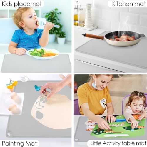 Gray Baking Mat -Food Grade Standard Silicone Mat for Kids Dinner Placemat Reusable Kitchen Countertop Mats Dough Pad with Raised Edges Heat Resistant Mat for Air Fryer (1Pack 23.6'' x 15.7'')