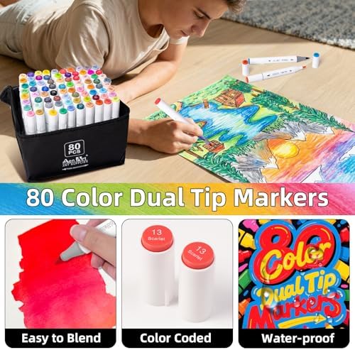 Alcohol Brush Tip Markers, 80 Colors Dual Tip Art Marker Set with Carrying Case, Perfect for Coloring Illustration, Adult Book Drawing, Sketching, Painting