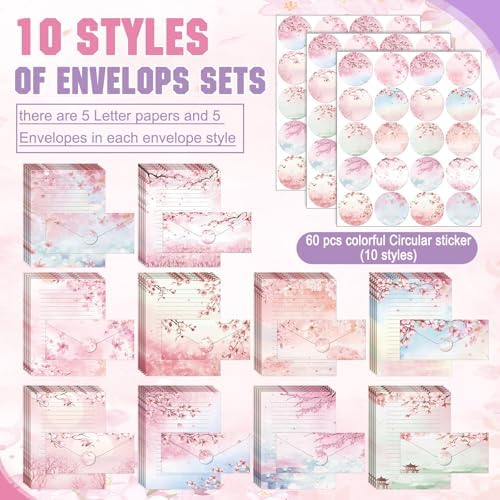 TaoBary 160 Pcs Cherry Blossom Stationery Paper and Envelopes Set