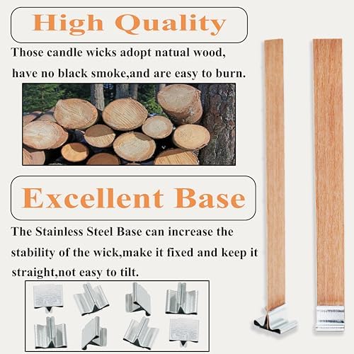 100pcs Wooden Candle Wicks 5.1 x 0.5 Inch, Smokeless Cherry Wood Wicks with Metal Clips, Includes Wick Trimmer, Perfect for Candle Making Kit and Soy Wax Candlemaking