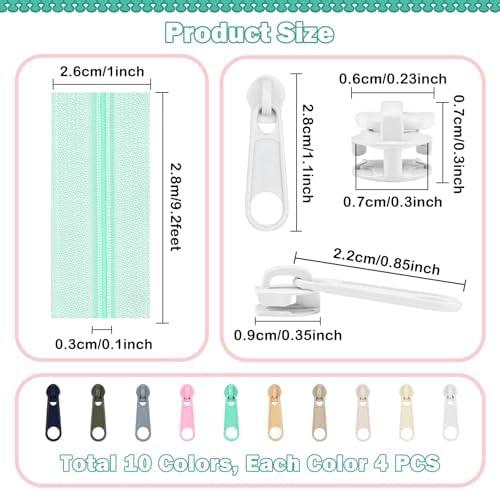 DOITEM 31 Yards 10 Pcs Sewing Zippers #3 Nylon Coil Zippers Assorted Zipper for Sewing with 40 Zipper Sliders for DIY Tailor Sewing Crafts Supplies, 10 Colors