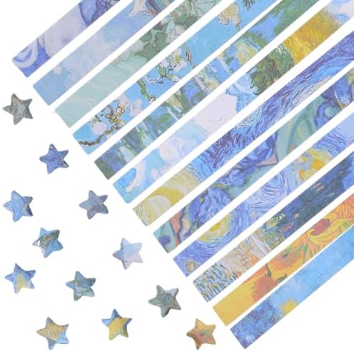 Origami Star Paper Strip, 1200Pcs Double-Sided Printing Lucky Star Paper Strips Van Gogh's Painting Themed Origami for DIY Craft, 12 Patterns
